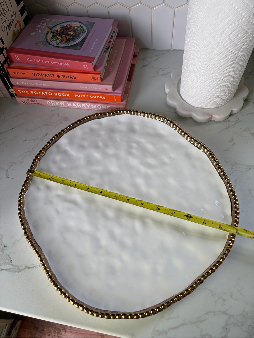 White Ceramic Decorative Platter with Gold Beaded Edge - Picture 3 of 3